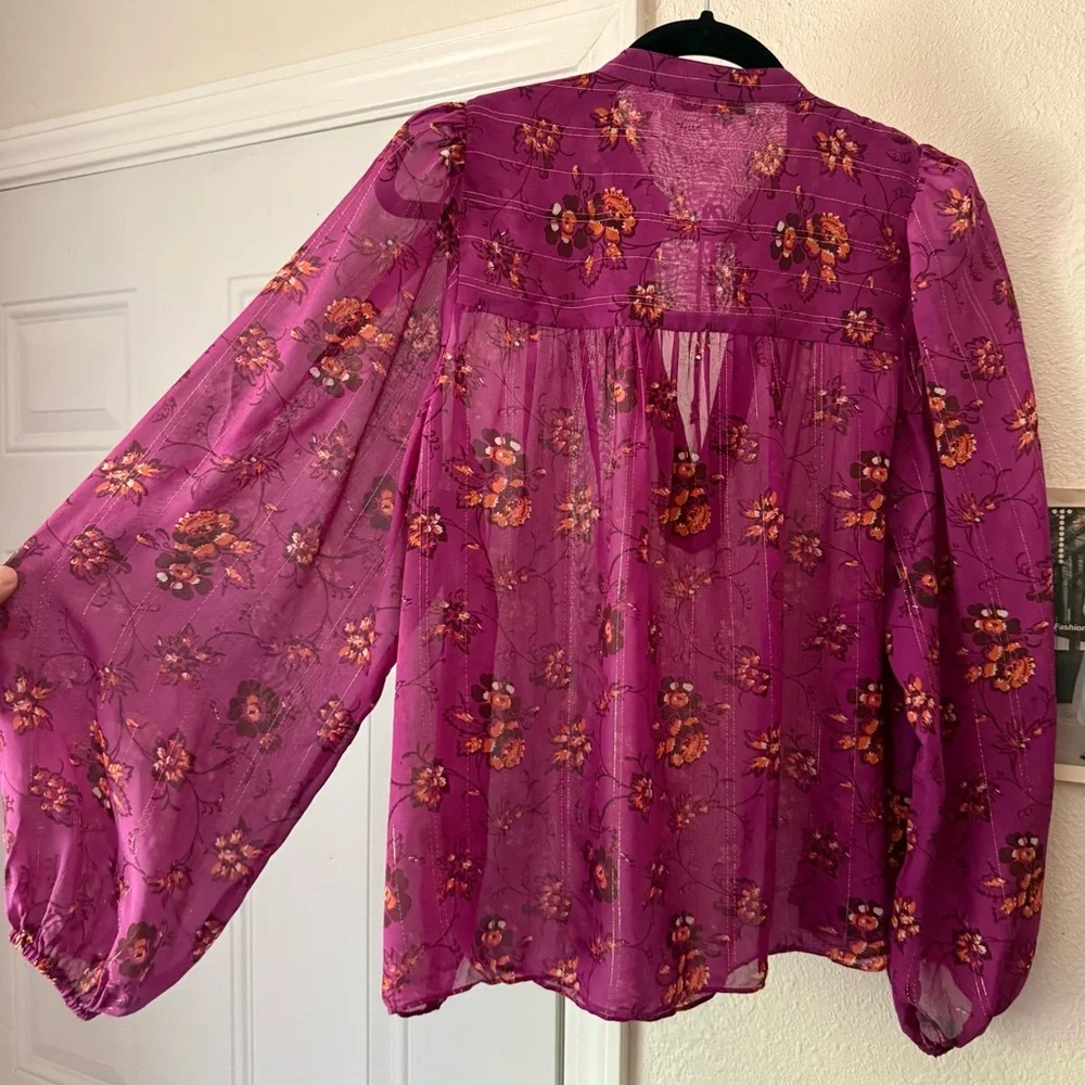 ULLA JOHNSON magenta‎ purple floral silk puff long sleeve blouse shirt top